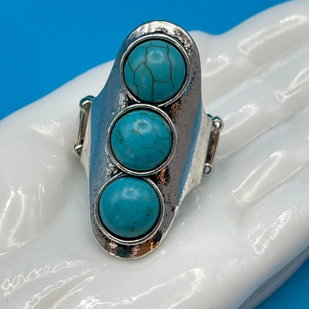 Three Stone Turquoise Silver Tone Stretch Ring Boho‎ Western Cowgirl Festival